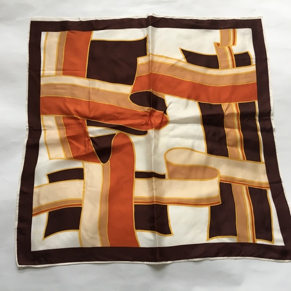 Vintage Scarf 26" Square Brown & Tan Geometric Pattern Hand Rolled Edge - Picture 1 of 5